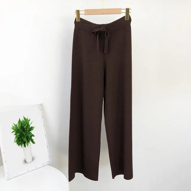 2021 Lady Solid Knit Pants Casual Joggers Loose Wide Leg Long Length Pants One Size