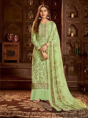 Alok Karachi Unstitched Cotton Green Salwar Suit Dress Material with Chiffon Dupatta