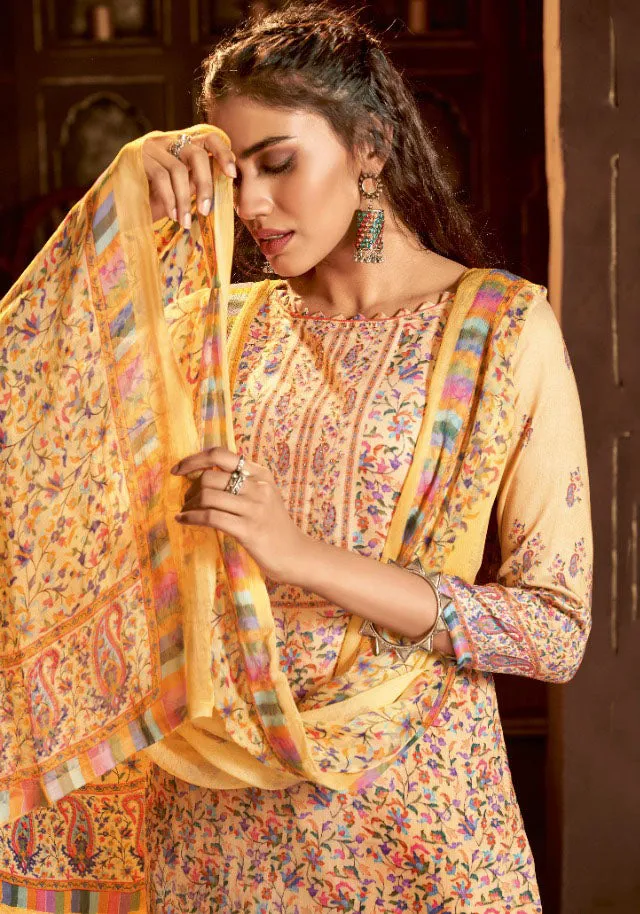 Alok Karachi Unstitched Cotton Salwar Suit Yellow Dress Material with Chiffon Dupatta