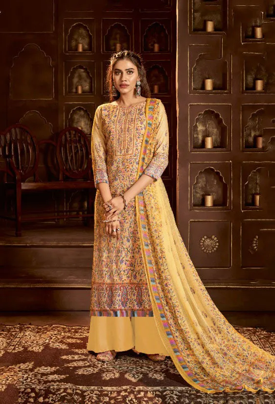 Alok Karachi Unstitched Cotton Salwar Suit Yellow Dress Material with Chiffon Dupatta