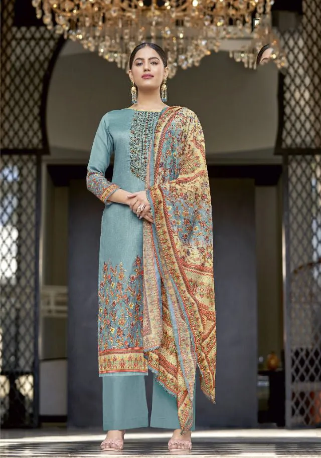 Alok Unstitched Blue Cotton Suits Material With Dupatta