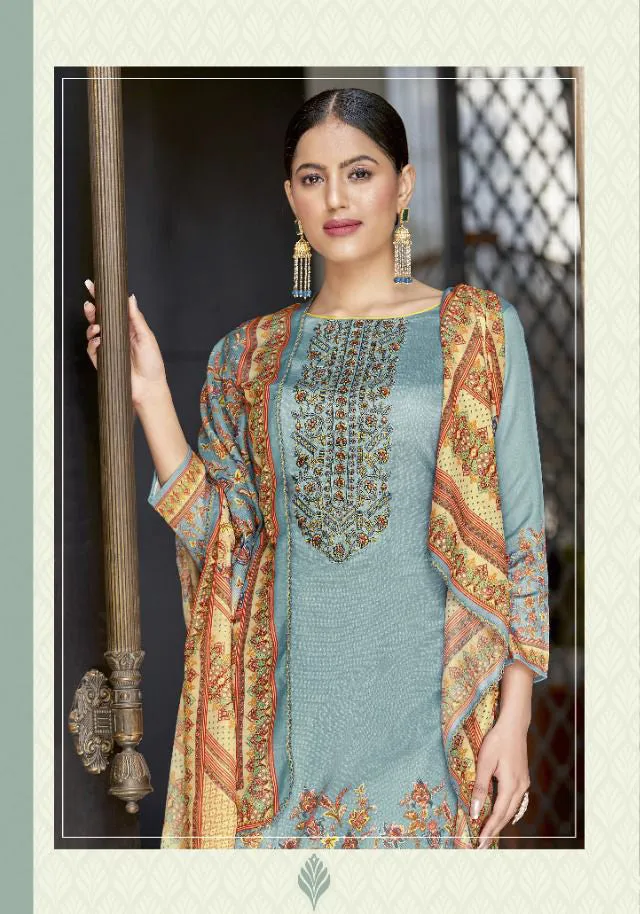 Alok Unstitched Blue Cotton Suits Material With Dupatta