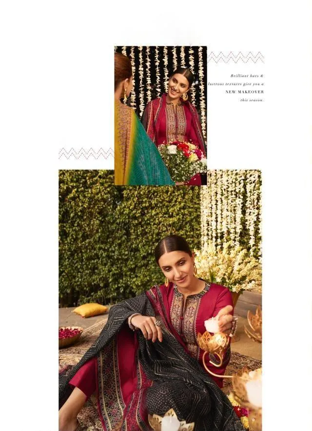 Bandhani Women Red Salwar Suit Dress Material with Neck Embroidery