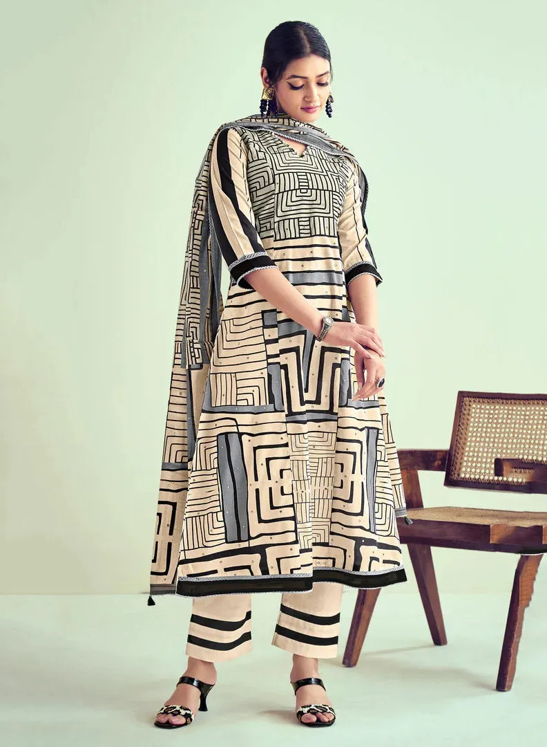 Beige Unstitched Pure Cotton Printed Suit Material for Women