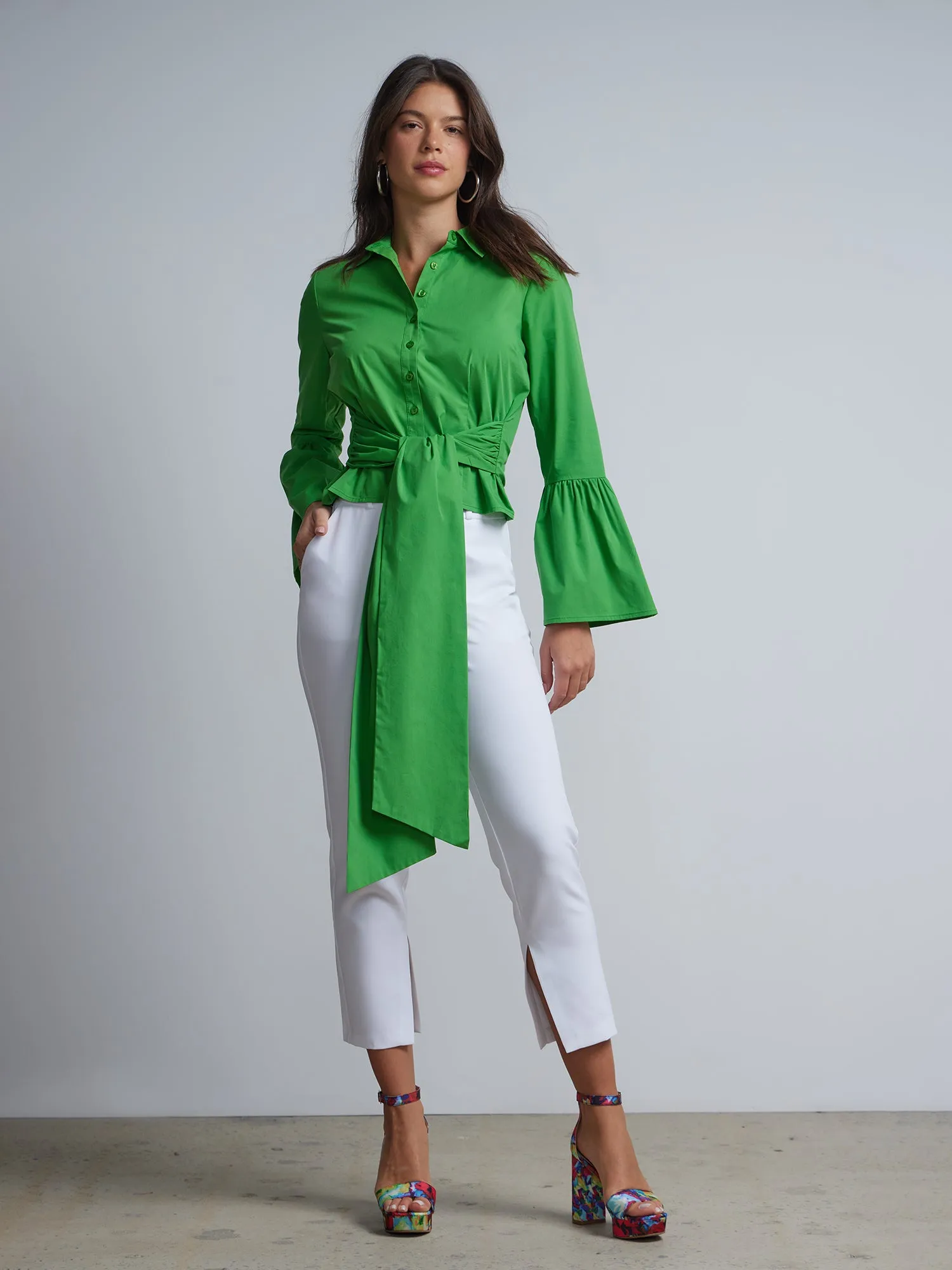 Bell-Sleeve Belted Button-Front Shirt