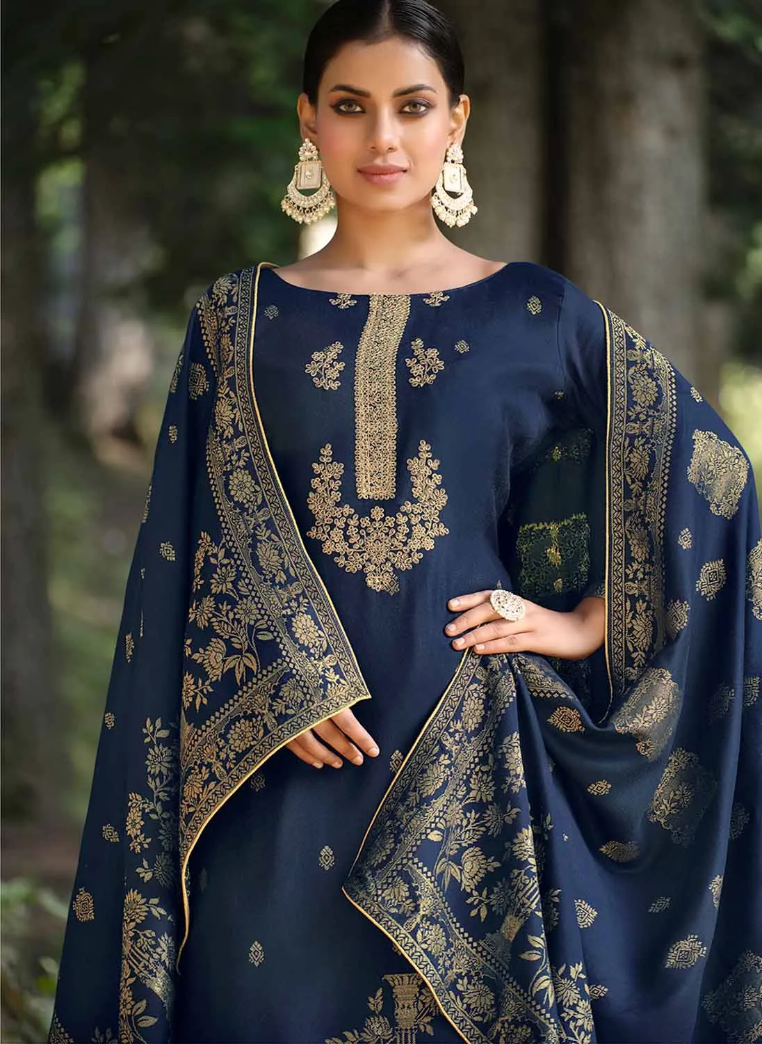 Belliza Blue Pashmina Jacquard Unstitched Winter Suit Dress Material