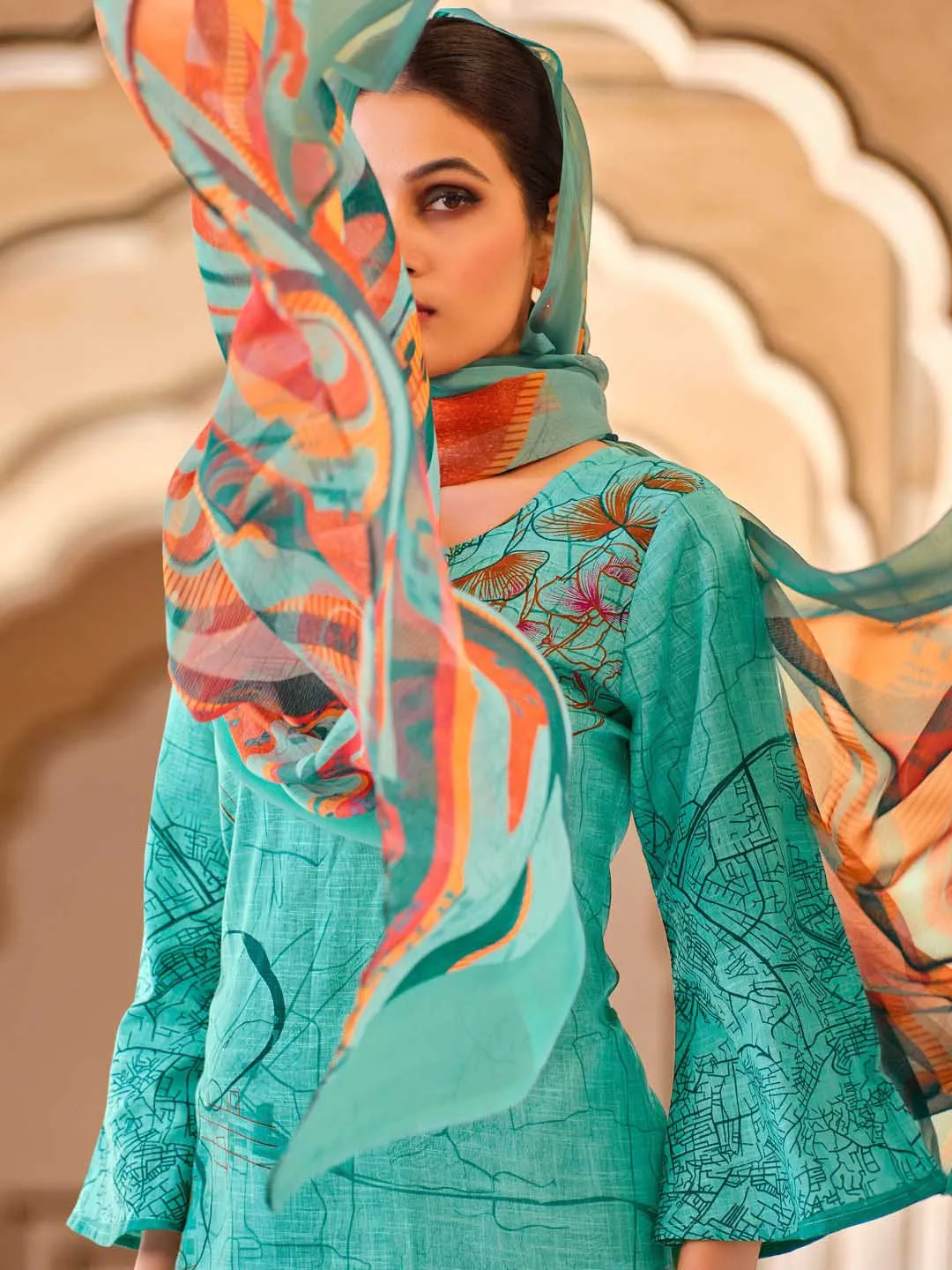 Belliza Cotton Linen Green Printed Unstitched Women Suit Material