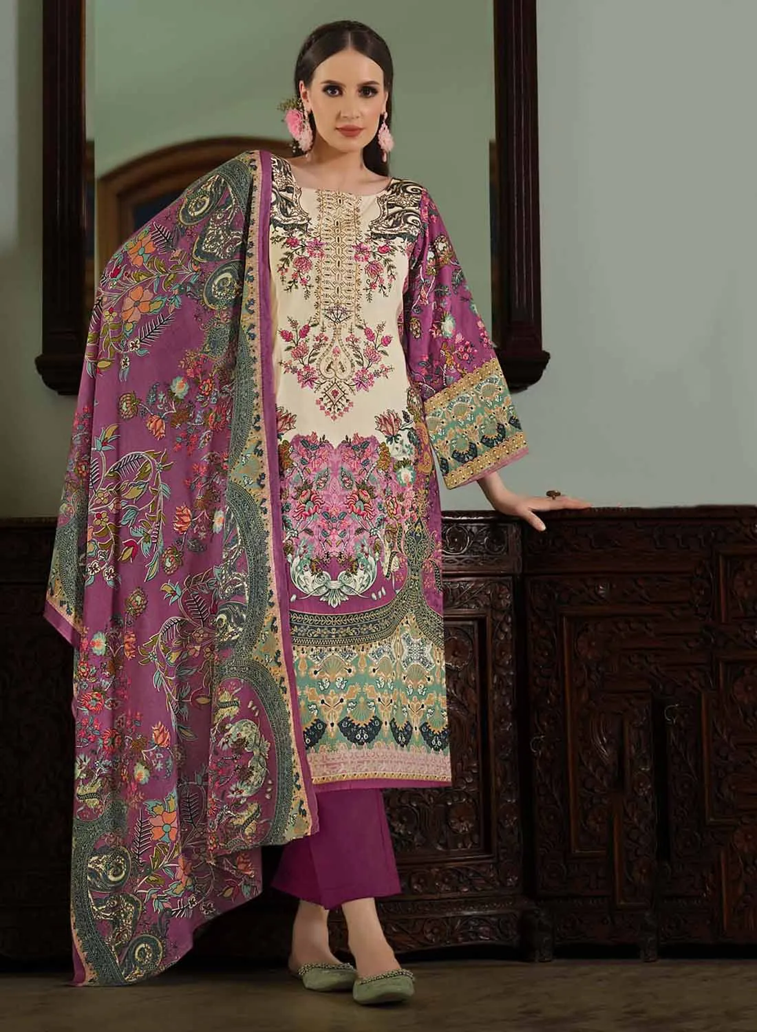 Belliza Pure Cotton Pakistani Print Unstitched Suit Set for Women