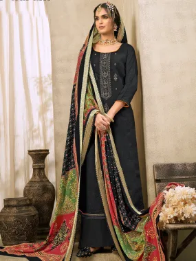 Black Cotton Embroidered Un-Stitched Palazzo Suit Set