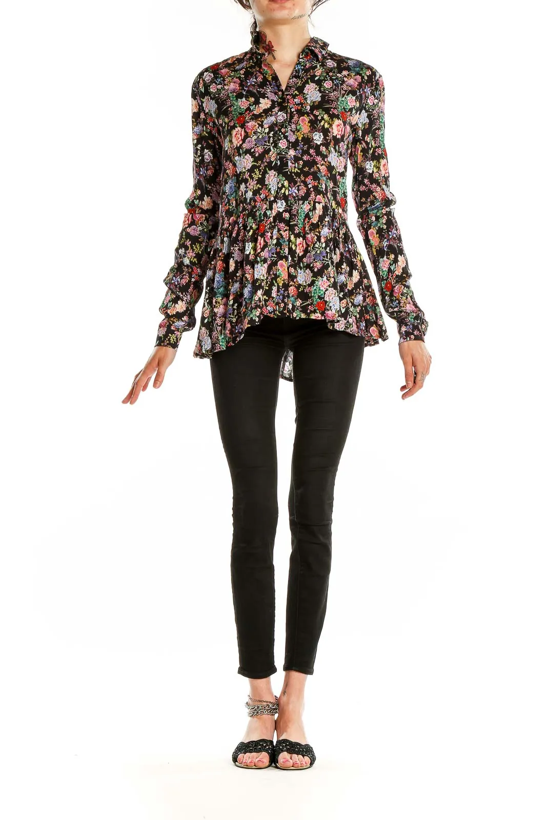 Black Floral Peplum Button-Up Blouse