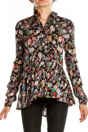 Black Floral Peplum Button-Up Blouse