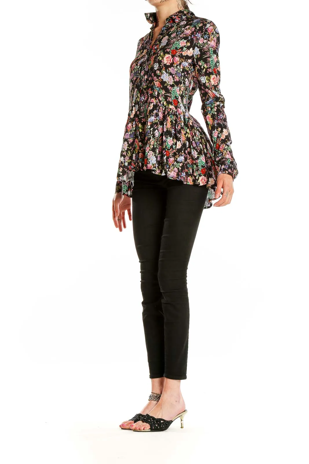 Black Floral Peplum Button-Up Blouse