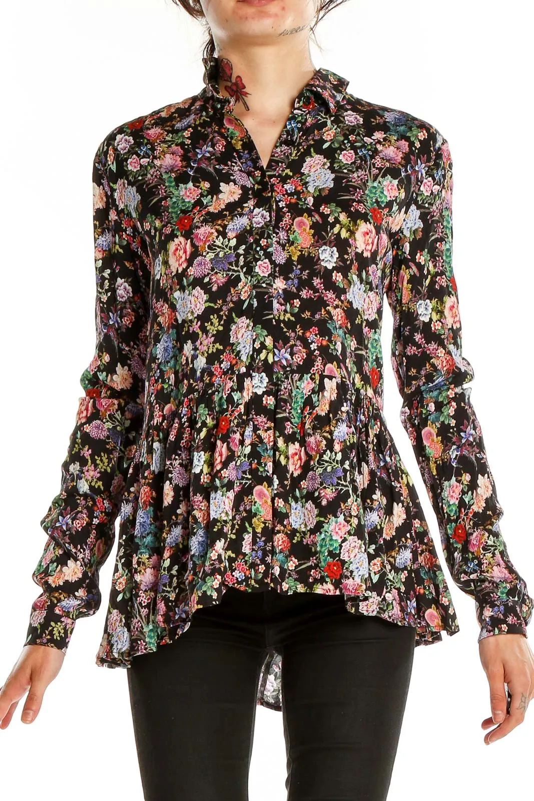 Black Floral Peplum Button-Up Blouse