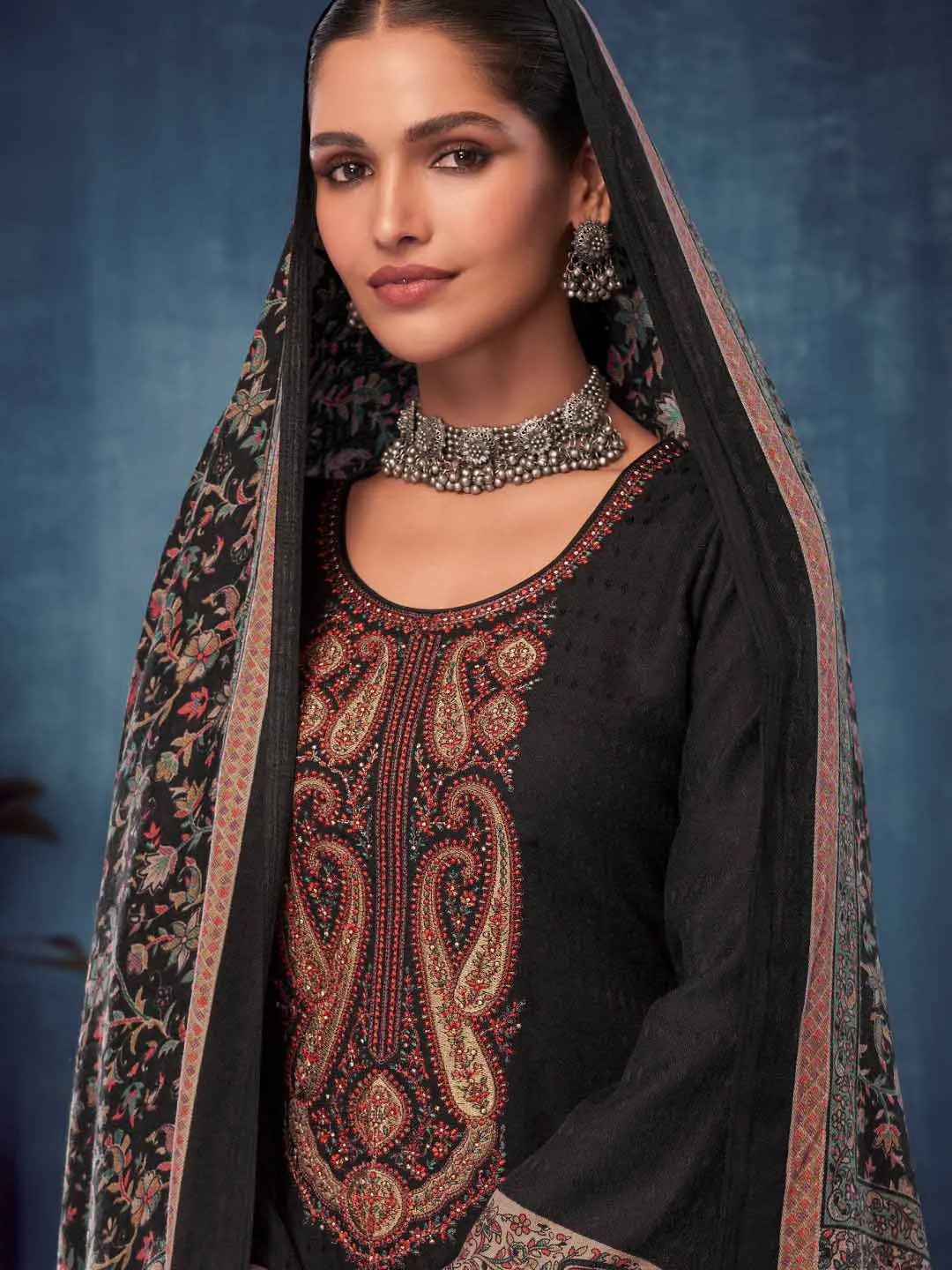 Black Pashmina Twill Embroidered Unstitched Winter Suits for Women