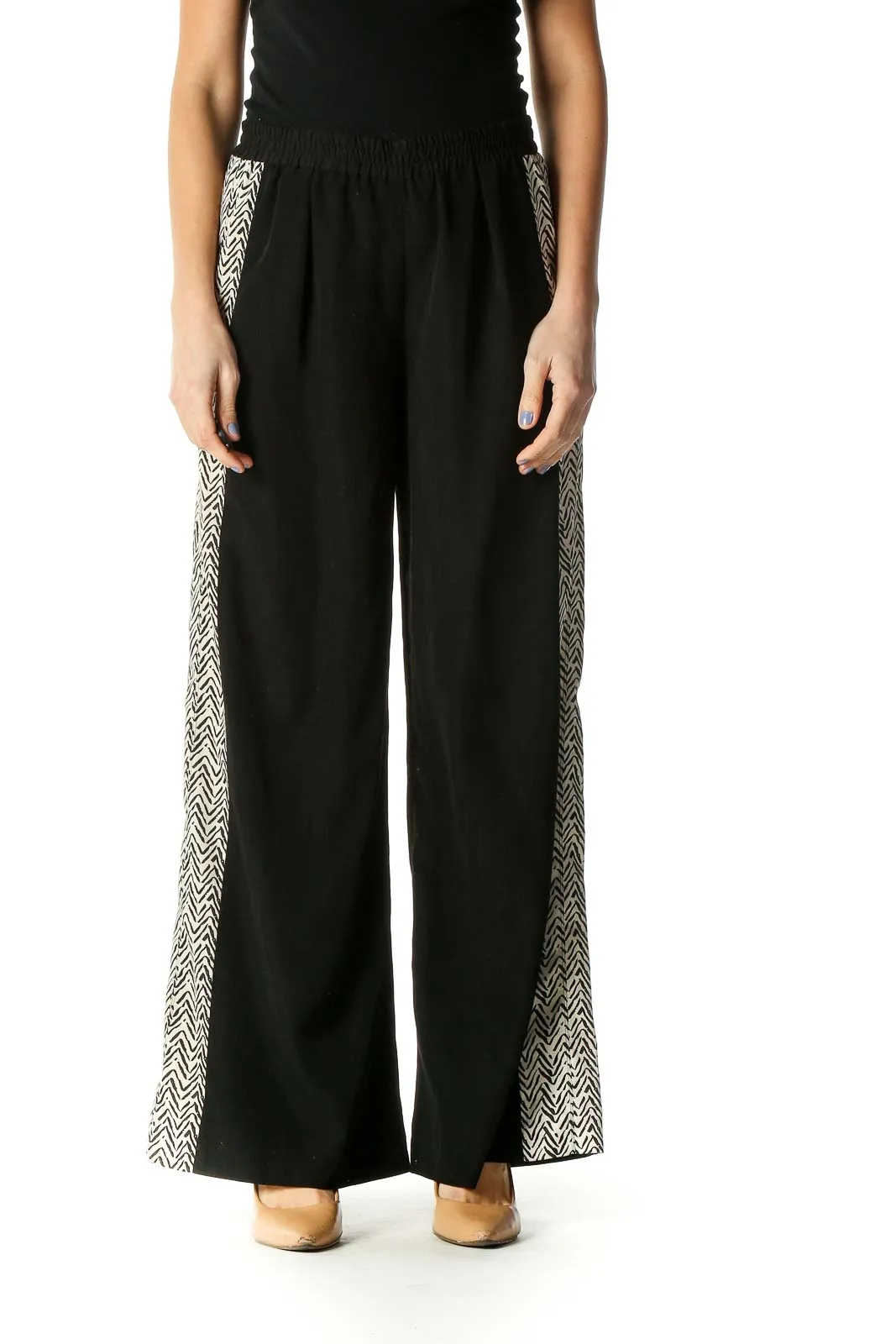 Black Printed Stripe Wide Leg Pants