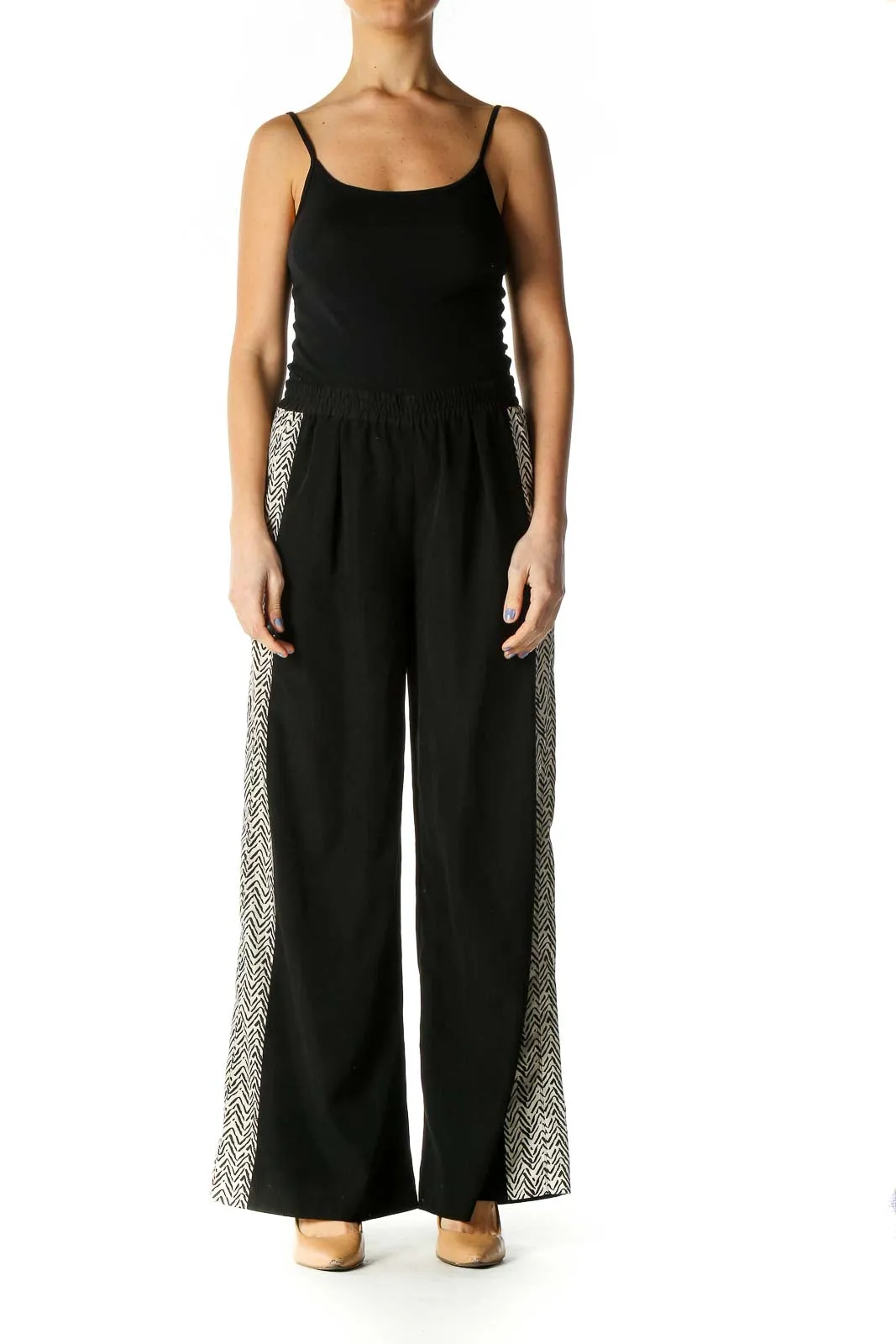 Black Printed Stripe Wide Leg Pants