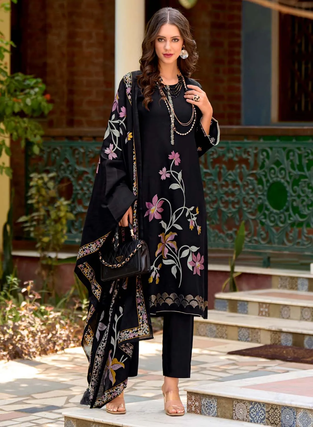 Black Pure Muslin Printed Unstitched Suit Dress Material with Embroidery