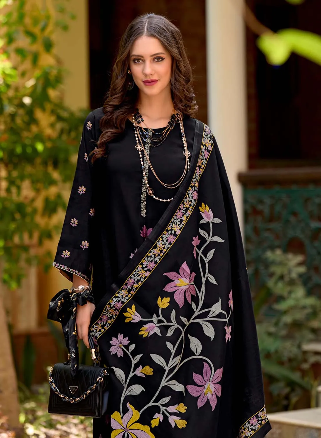 Black Pure Muslin Printed Unstitched Suit Dress Material with Embroidery