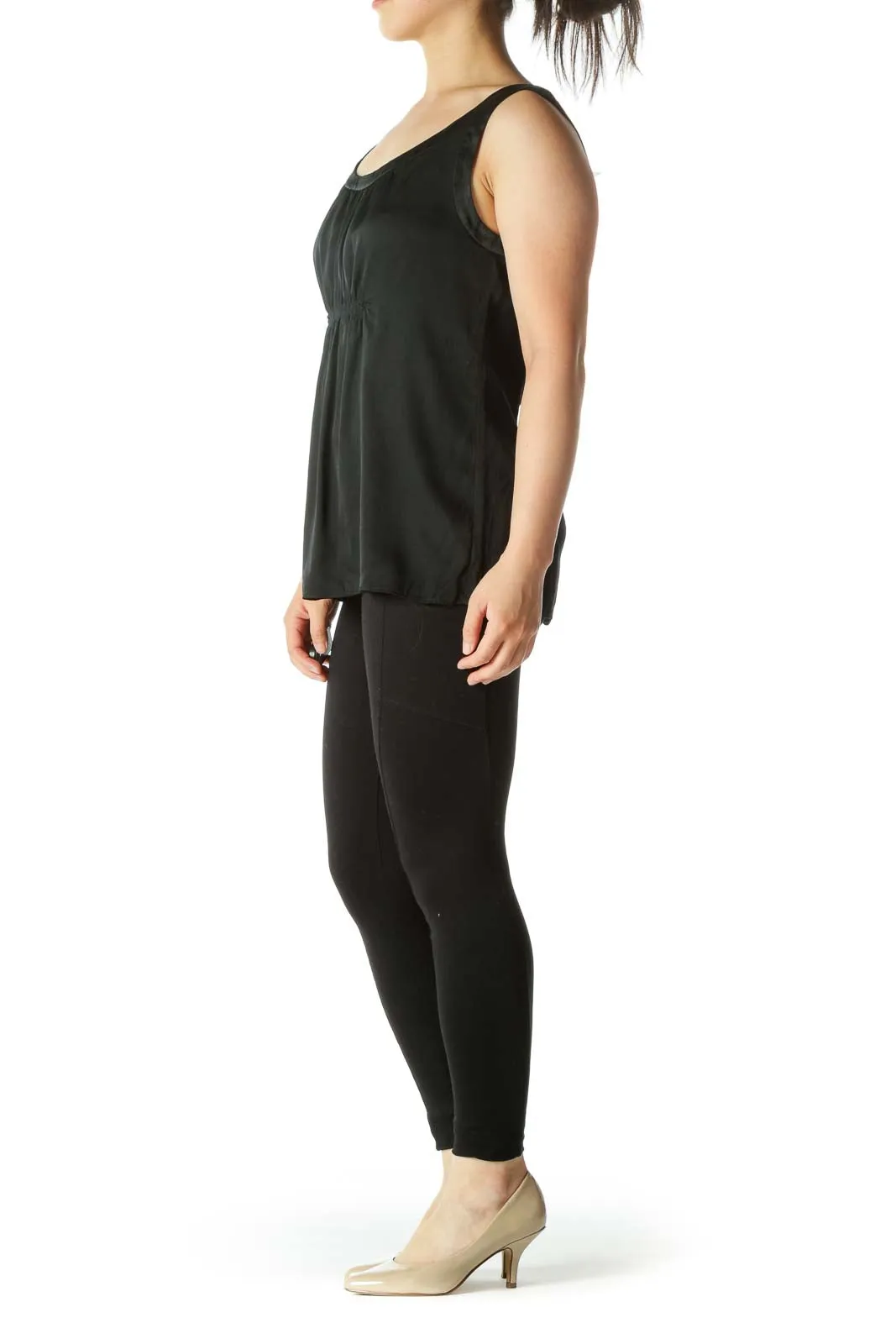 Black Silk Blend Round Neck Scrunch Front Detail Tank Top