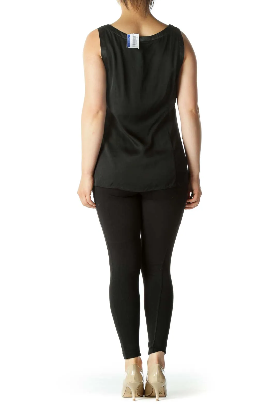 Black Silk Blend Round Neck Scrunch Front Detail Tank Top