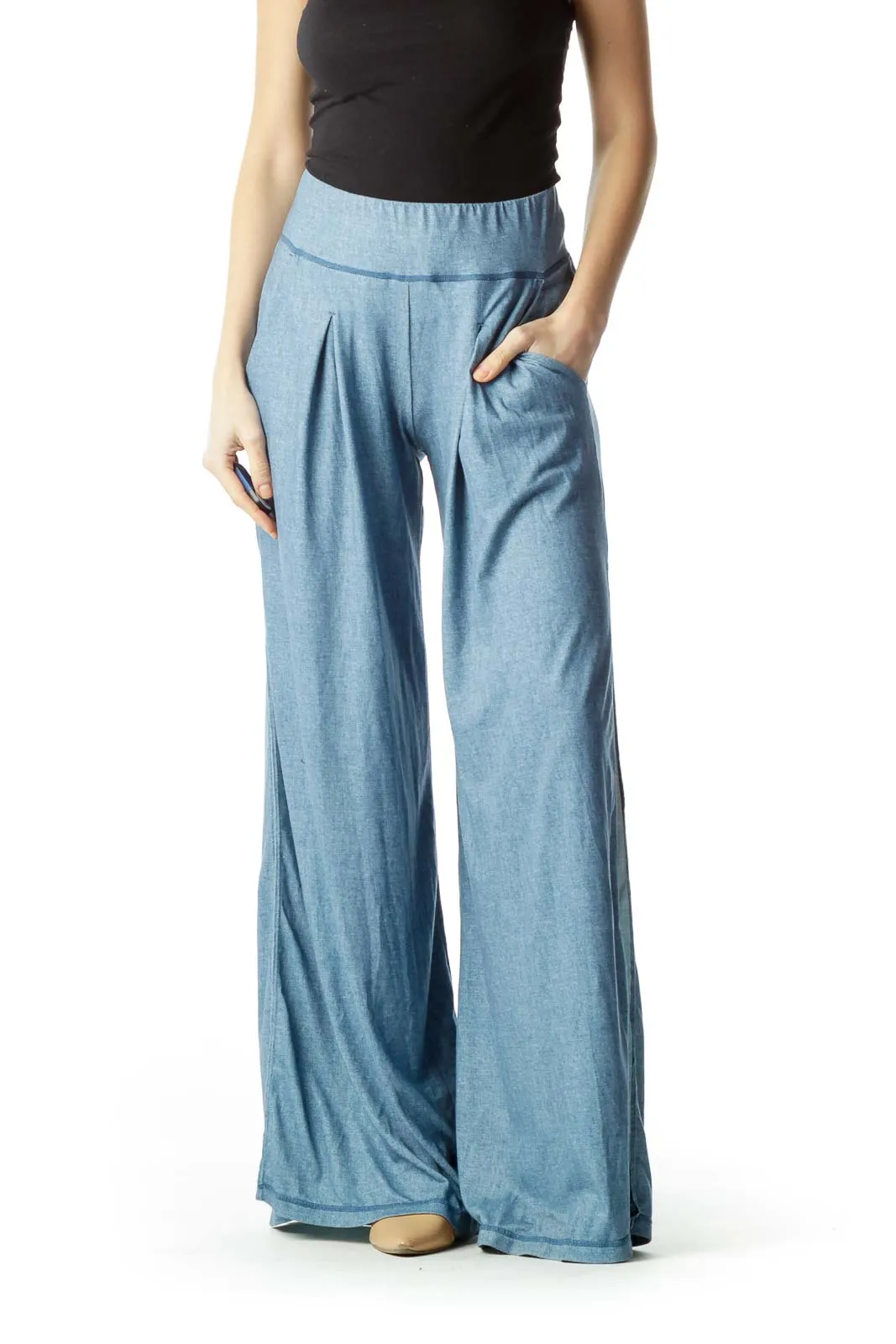 Blue Pocketed Wide-Leg Pants