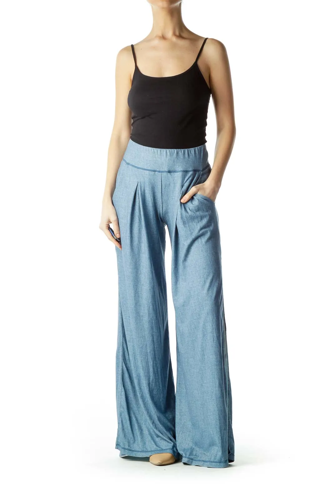 Blue Pocketed Wide-Leg Pants