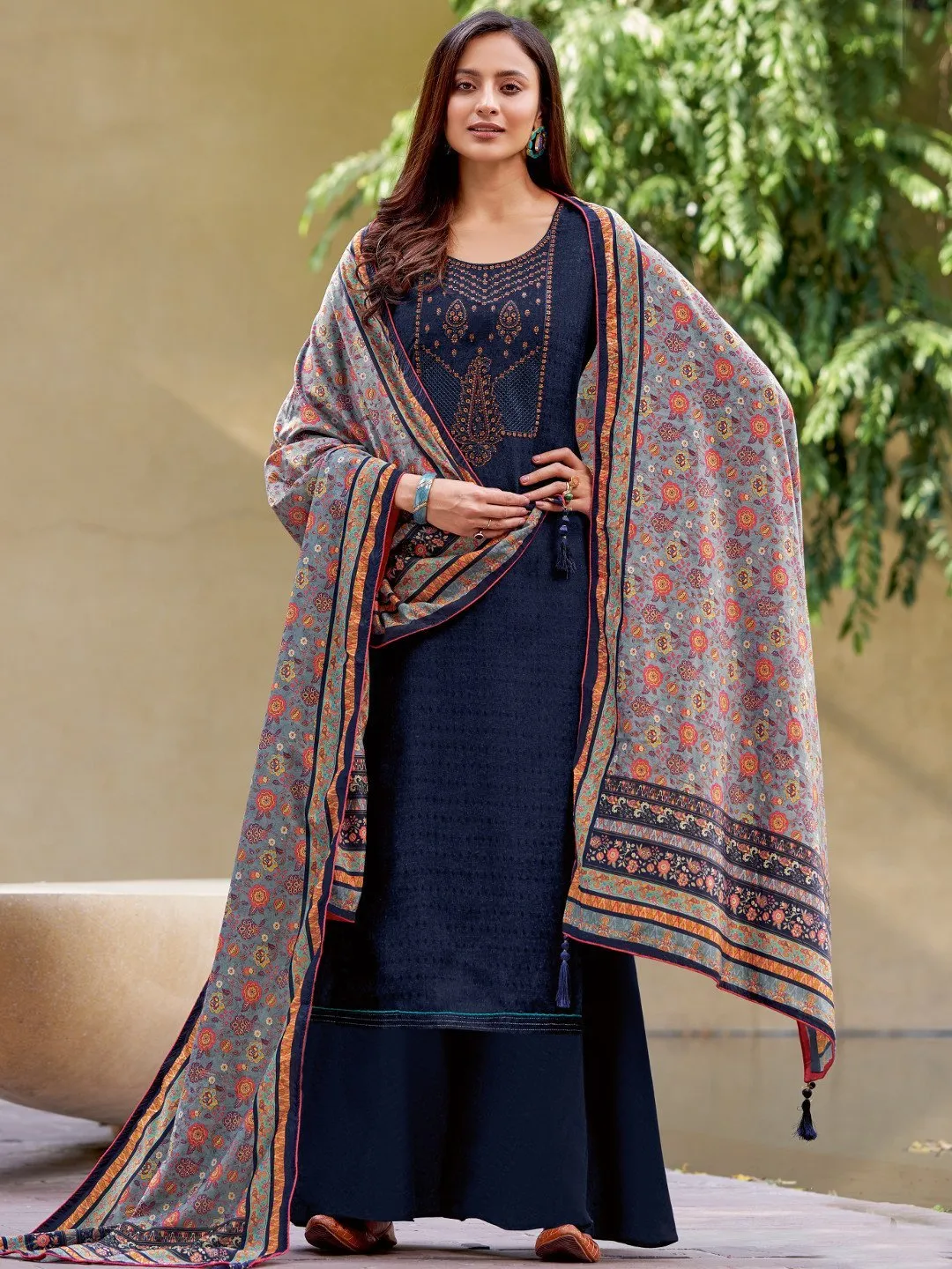 Blue Woolen Pashmina Winter Unstitched suits for Ladies