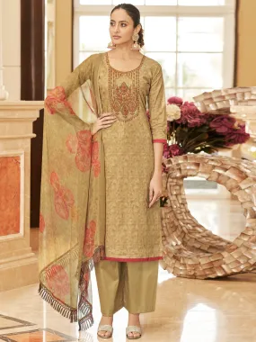 Brown Cotton Unstitched Women Suit with Embroidery