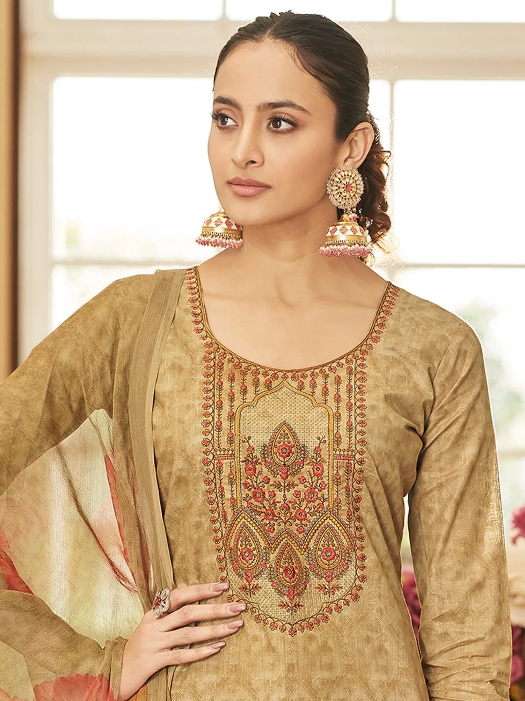 Brown Cotton Unstitched Women Suit with Embroidery