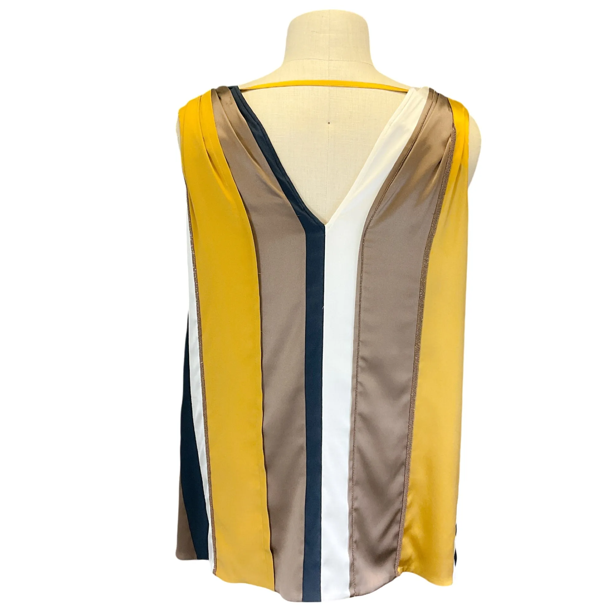 Brunello Cucinelli Gold / Ivory / Taupe / Navy Blue Multi Monili Beaded Detail Sleeveless V-Neck Silk Top