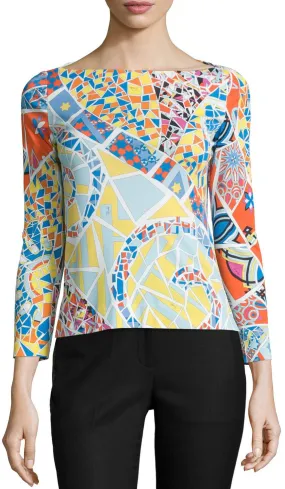 Celeste Arancio Marilyn Classic Mosaic Print Silk Top-Emilio Pucci