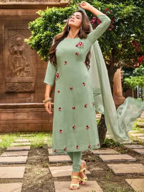 Chanderi Green Embroidered Unstitched Cotton Suit