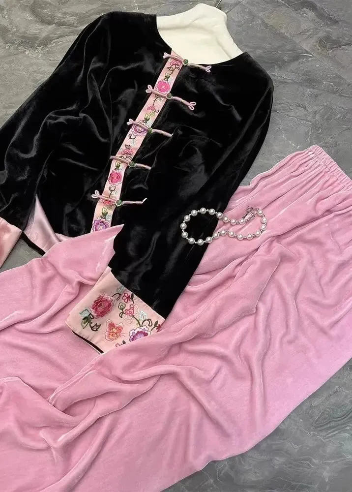 Chinese Style Black Tops And Pink Pants Silk Velour Two Pieces Set Fall ML2915