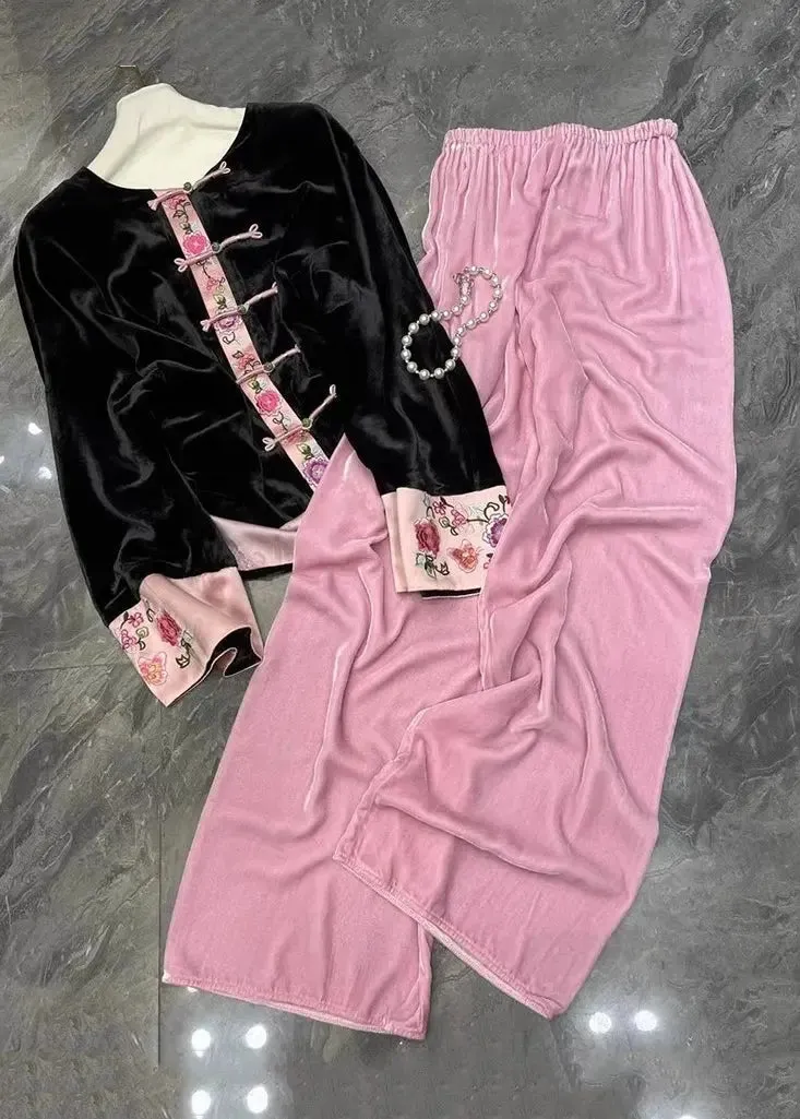 Chinese Style Black Tops And Pink Pants Silk Velour Two Pieces Set Fall ML2915