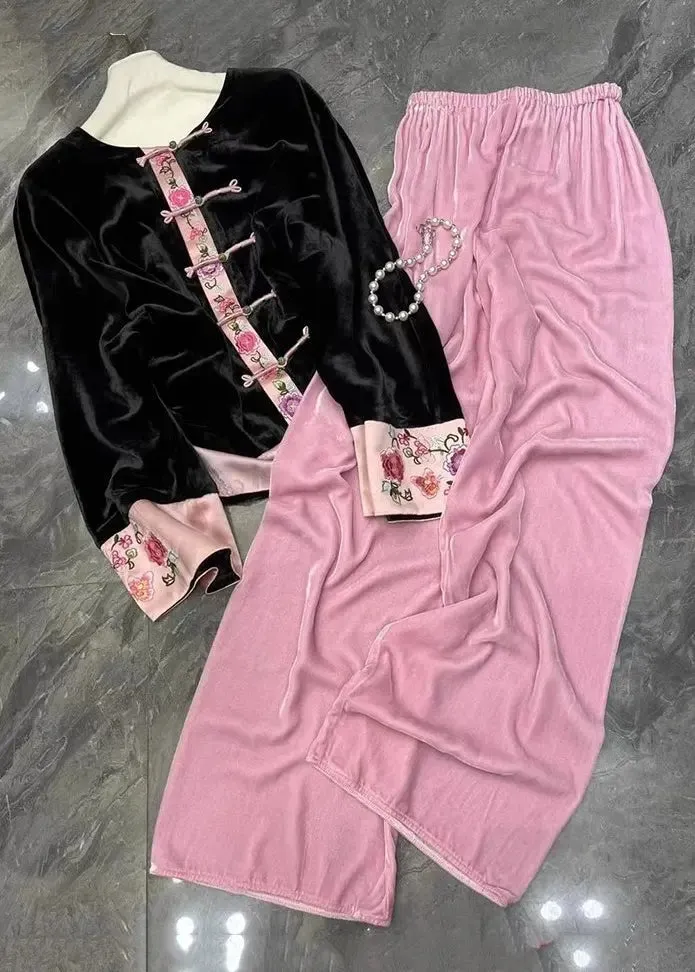 Chinese Style Black Tops And Pink Pants Silk Velour Two Pieces Set Fall ML2915