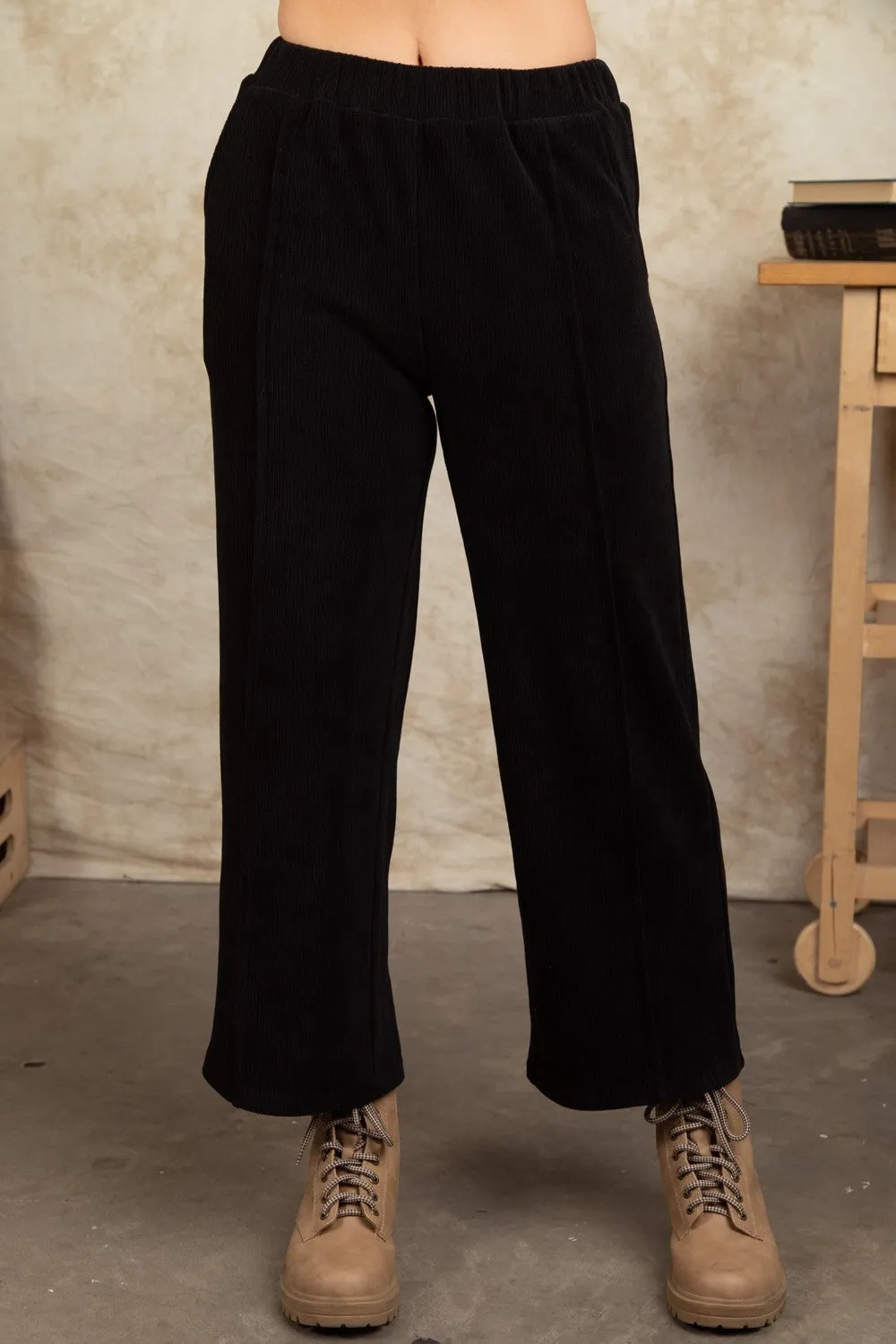 Corduroy Pintuck Straight Wide Leg Pants - Black