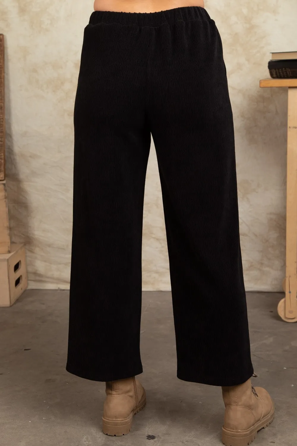 Corduroy Pintuck Straight Wide Leg Pants - Black