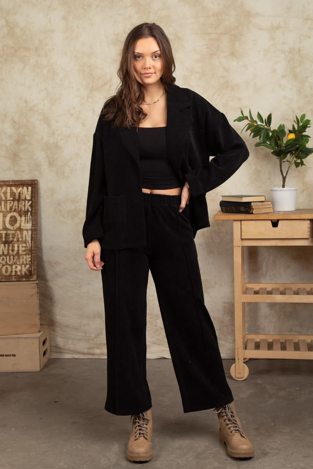 Corduroy Pintuck Straight Wide Leg Pants - Black