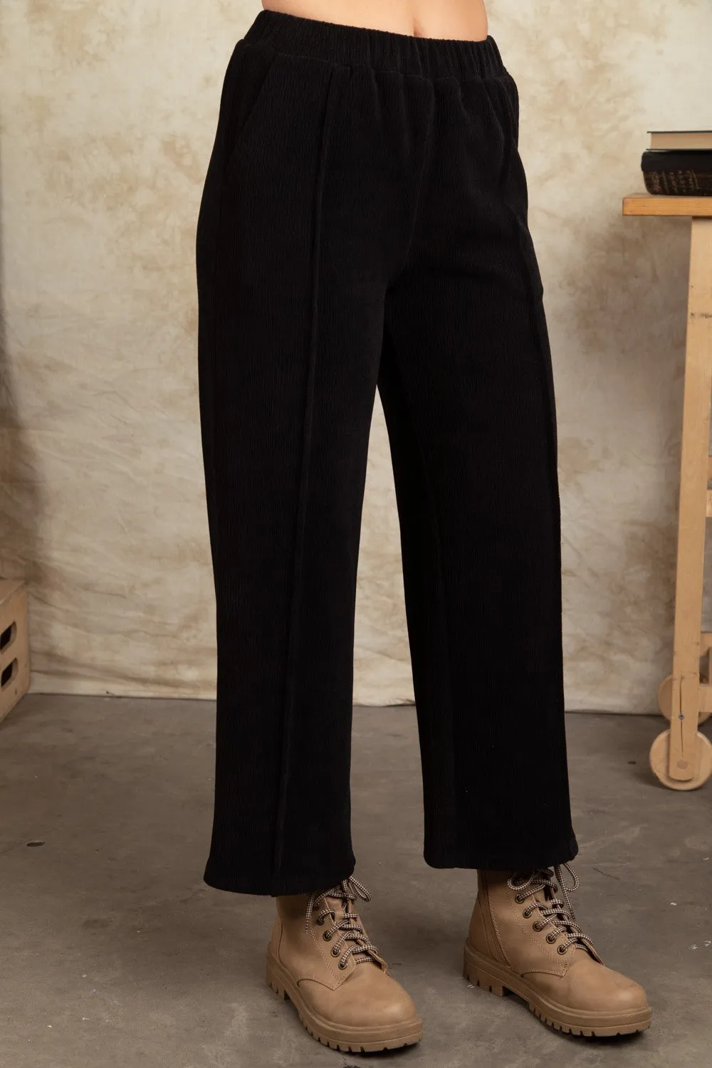 Corduroy Pintuck Straight Wide Leg Pants - Black