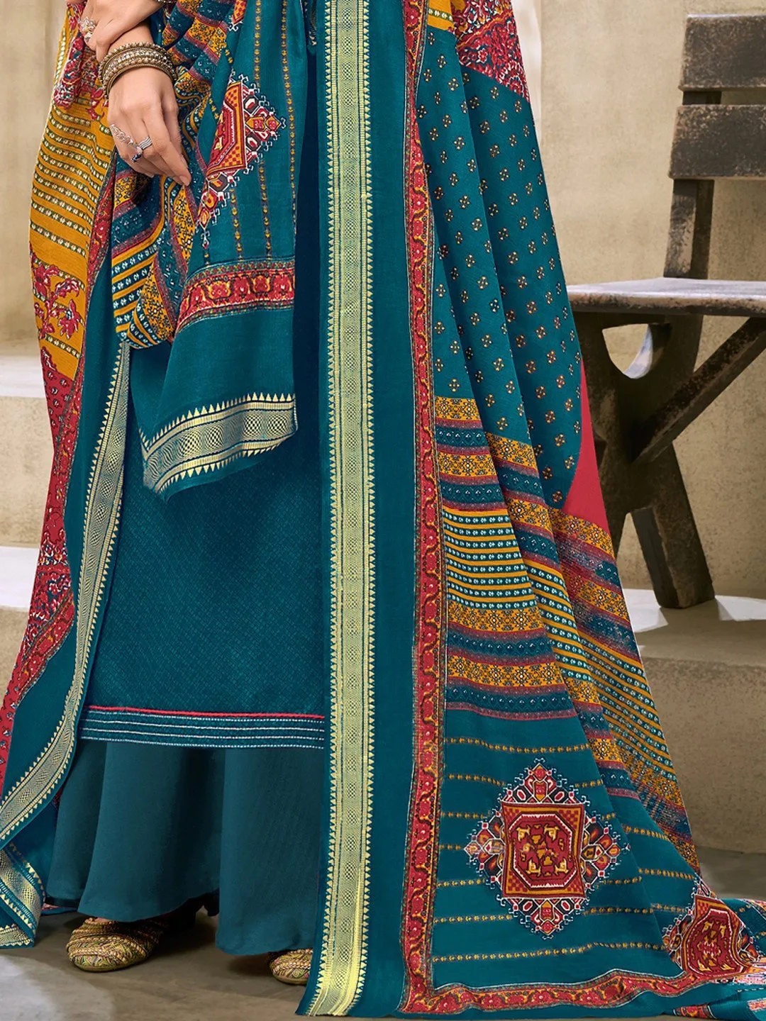 Cotton Embroidered Un-Stitched Blue Palazzo Suit Set