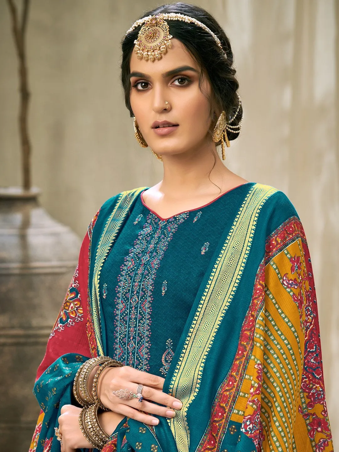 Cotton Embroidered Un-Stitched Blue Palazzo Suit Set