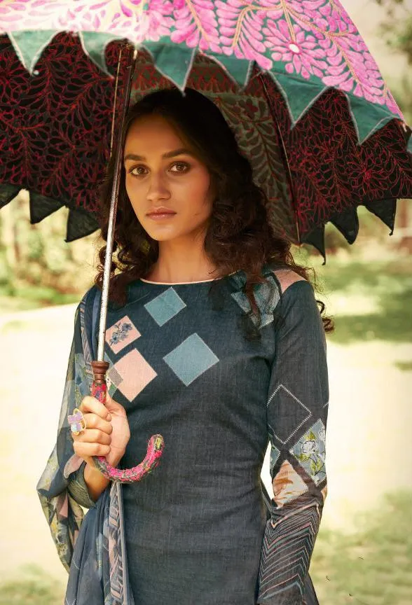 Cotton Linen Grey Unstitched Suit With Chiffon Dupatta