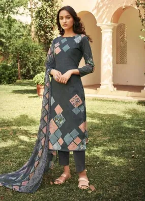 Cotton Linen Grey Unstitched Suit With Chiffon Dupatta