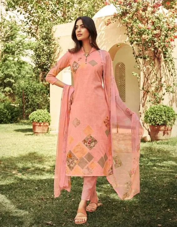 Cotton Linen Peach Unstitched Suit With Chiffon Dupatta