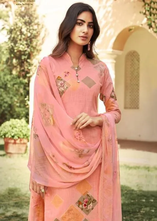 Cotton Linen Peach Unstitched Suit With Chiffon Dupatta