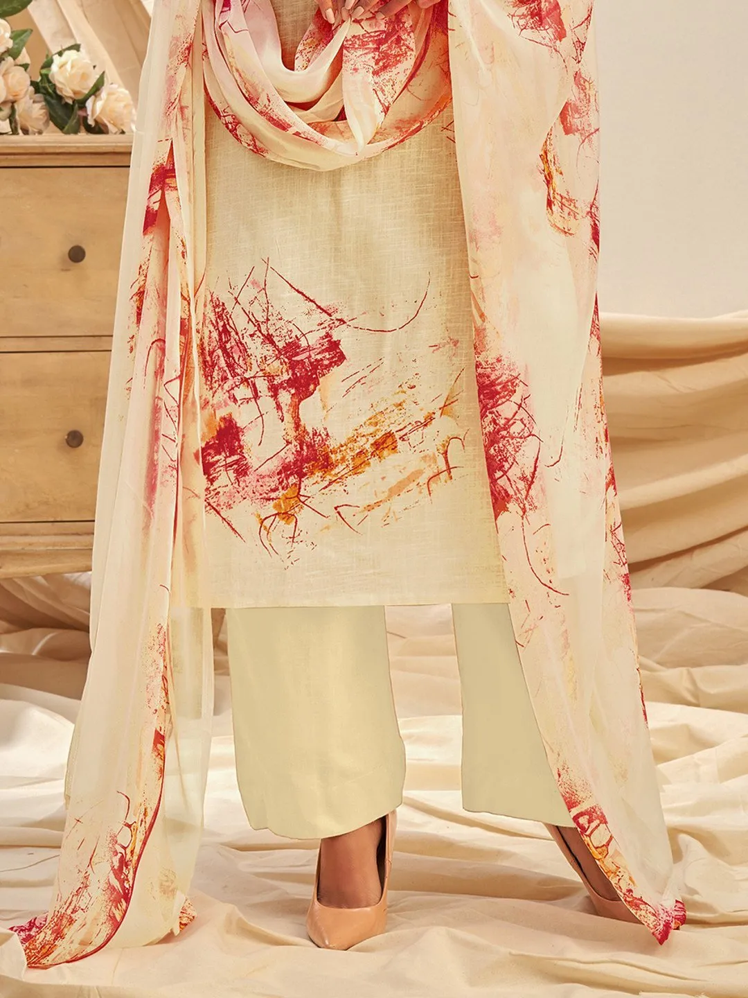 Cotton Linen Printed Beige UnStitched Suit With Chiffon Dupatta