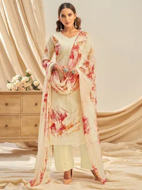 Cotton Linen Printed Beige UnStitched Suit With Chiffon Dupatta