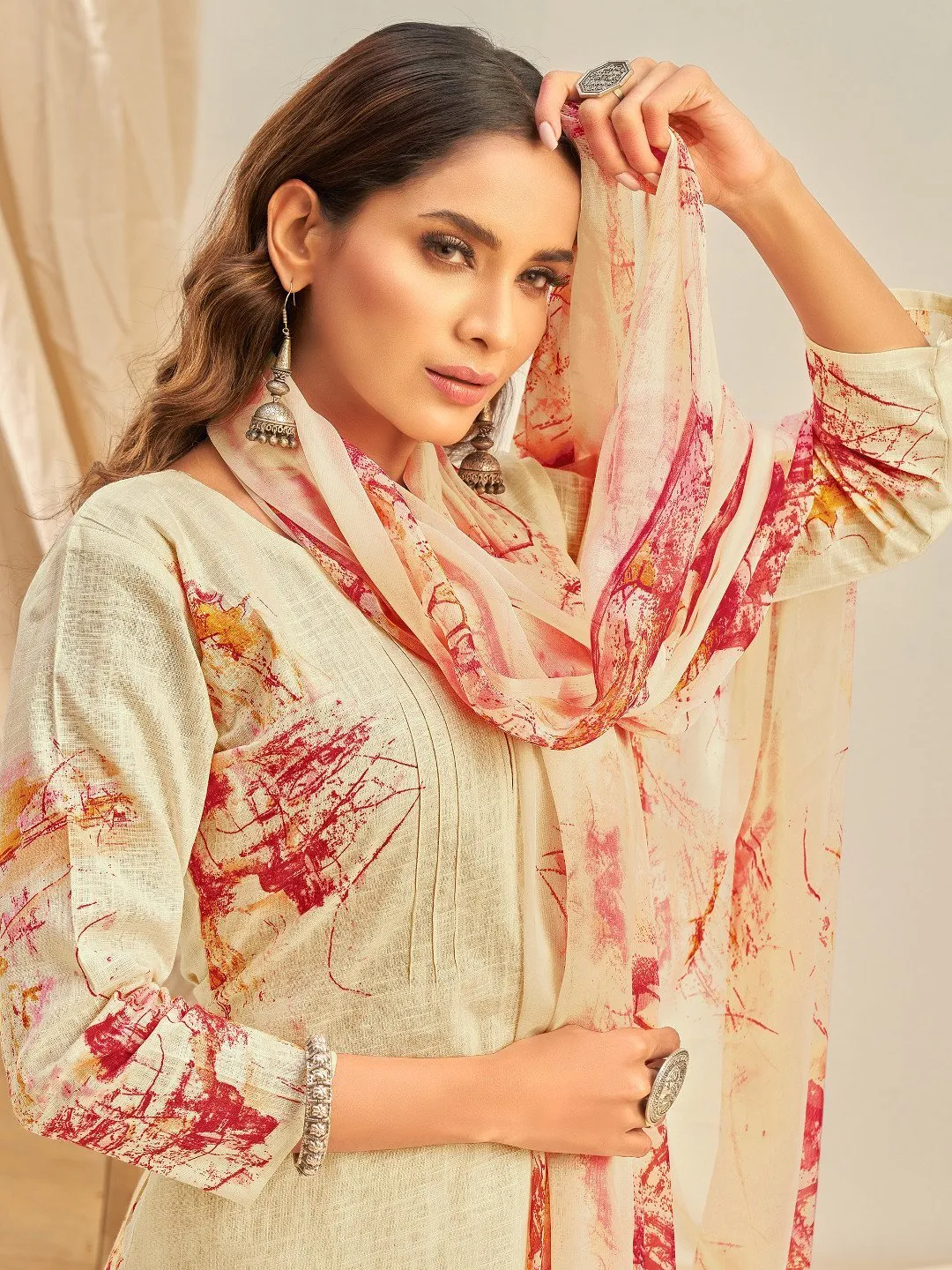 Cotton Linen Printed Beige UnStitched Suit With Chiffon Dupatta