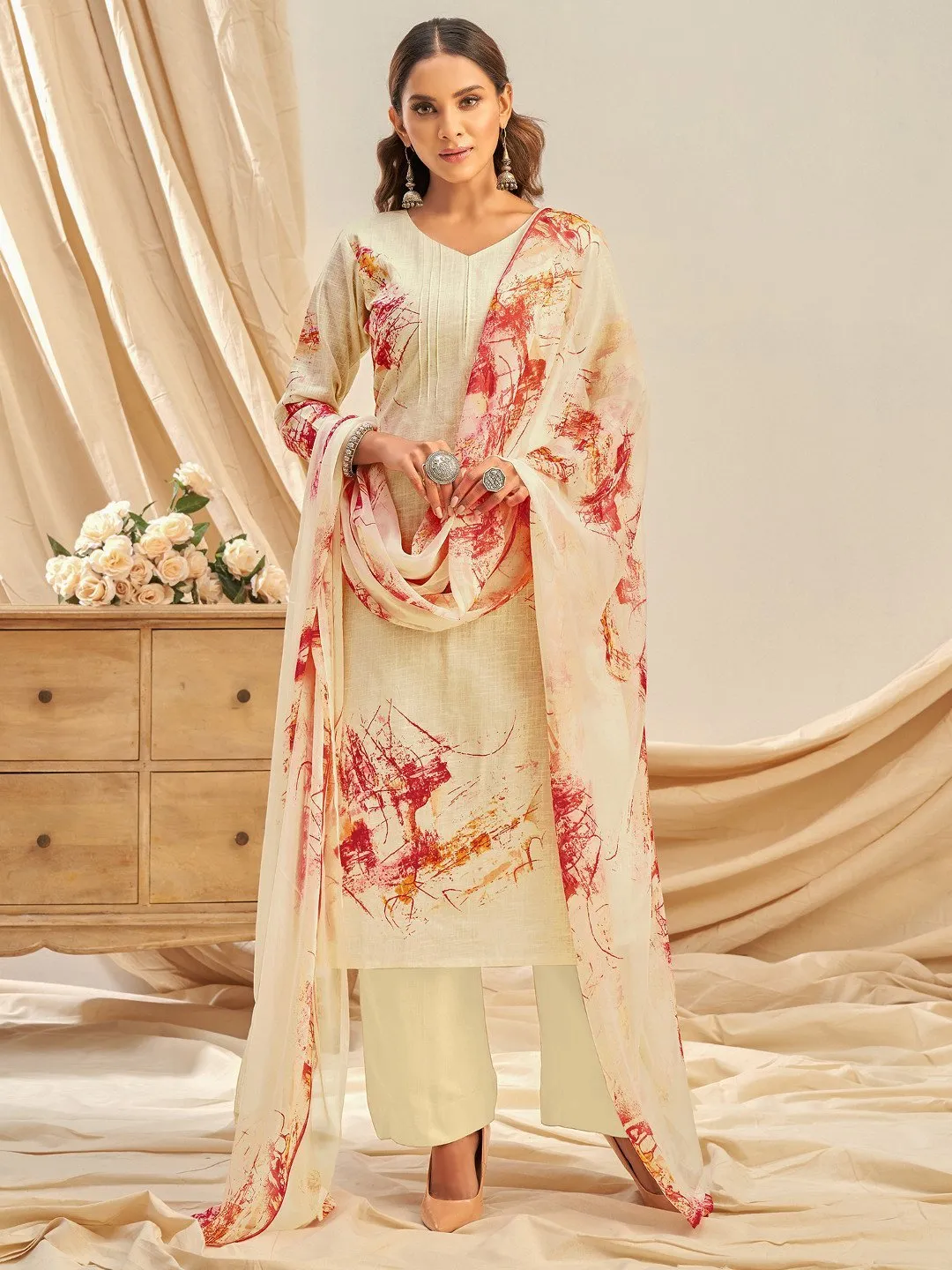 Cotton Linen Printed Beige UnStitched Suit With Chiffon Dupatta