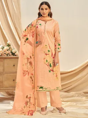 Cotton Linen Printed Light Orange Unstitched Suit With Chiffon Dupatta